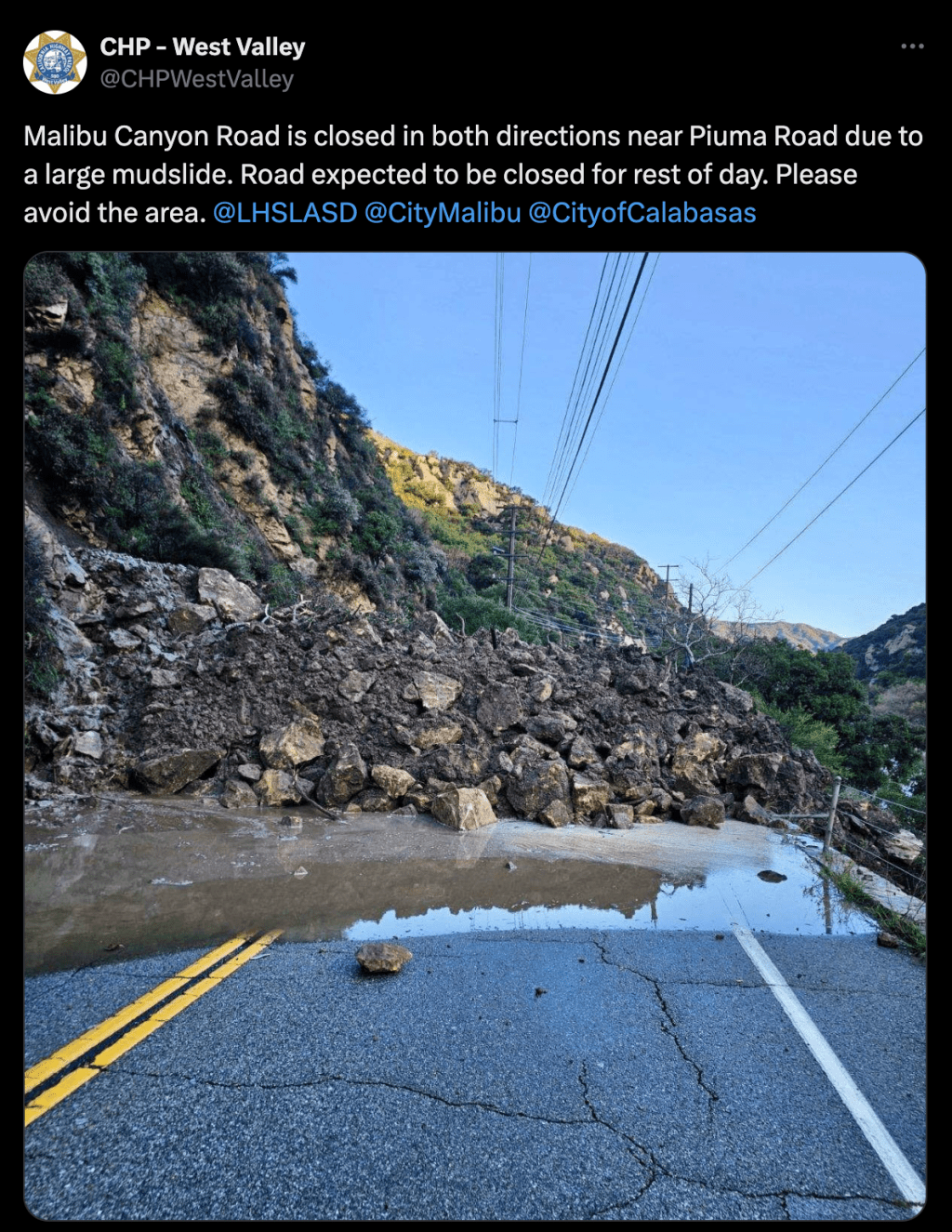 Malibu Canyon closed Feb. 21, due to a mud and rock slide. Despite the closure, Pepperdine held in-person classes Feb. 22. Photo courtesy of CHP West Valley